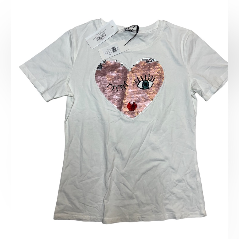 NWT WHY DRESS WOMENS TEE REVERSIBLE SEQUIN HEART SIZE M